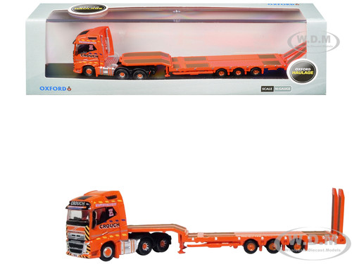 Volvo FH4 Truck RHD Right Hand Drive with Low Boy Trailer Crouch Recovery Orange with Graphics 1/148 (N) Scale Diecast Model Car Oxford Diecast NVOL4013