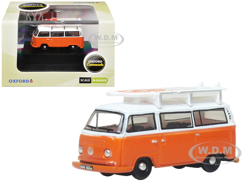 Volkswagen T2 Bay Window Bus Signal Orange with White Top and Surfboards on Roof Rack 1/148 (N) Scale Diecast Model Car Oxford Diecast NVW022