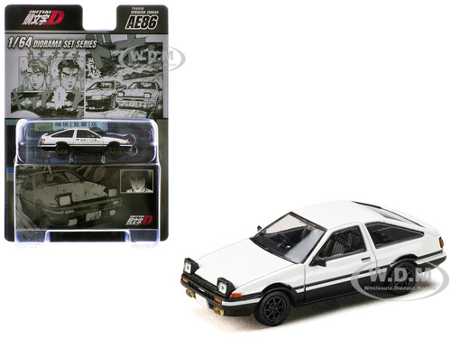 Toyota Sprinter Trueno AE86 RHD Right Hand Drive White with Black Stripes Takumi Fujiwara VS Takeshi Nakazato Initial D 1995 2013 Manga with Collectible Cards Diorama Set Series 1/64 Diecast Model Car Hobby Japan HJDMD001C