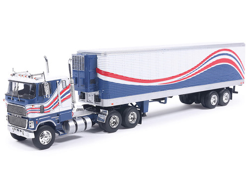 1976 Ford CL 9000 Truck with Refrigerated Trailer Blue and White with Stripes 1/64 Diecast Model IXO Models U64TRTR001S