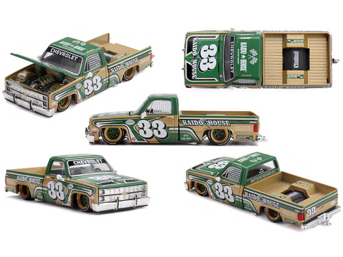 Chevrolet Silverado Pickup Truck #33 Kaido Intimidator V2 Green and Gold with Graphics Designed by Jun Imai Kaido House Special 1/64 Diecast Model Car Mini GT KHMG267