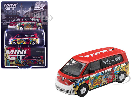 Volkswagen ID Buzz Van Mizu Design Red and White with Graphics Limited Edition 1/64 Diecast Model Car Mini GT MGT01209