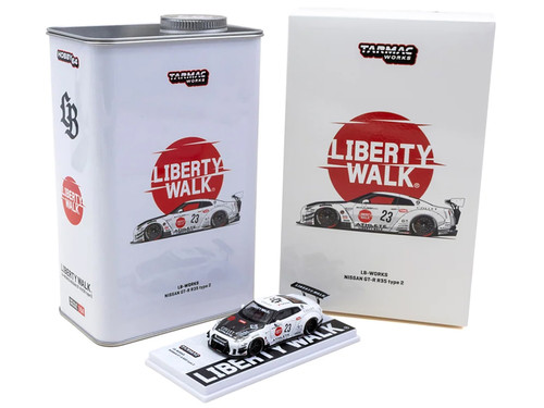 Nissan GT R R35 LB Works Type 2 RHD Right Hand Drive #23 Liberty Walk White with Carbon Hood and Metal Oil Can Packaging Hobby64 Series 1/64 Diecast Model Car Tarmac Works T64-090-WH