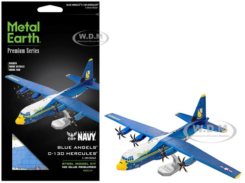 Model Kit Blue Angels C 130 Hercules Aircraft Palm Springs Air Museum Blue and White with Yellow Stripes Premium Series Moderate Difficulty Steel Model Metal Earth PS2027