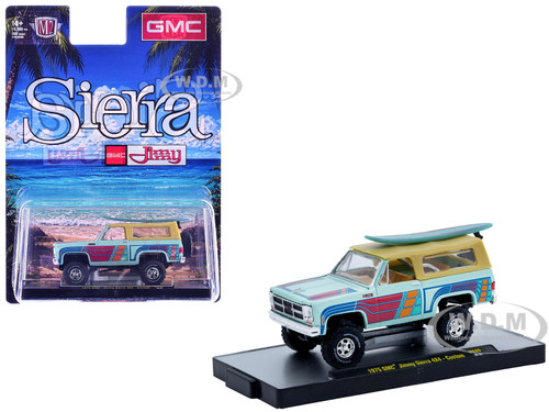 1975 GMC Jimmy Sierra 4x4 Light Blue with Graphics and Tan Top with Surfboard Limited Edition to 10560 pieces Worldwide 1/64 Diecast Model Car M2 Machines 31500-HS86