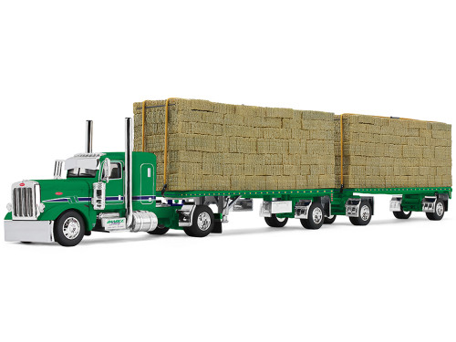 Peterbilt 389 with 36 Flat Top Sleeper and 28 5 Utility Dual Flatbed Trailers with Hay Load Alfalfa Cruiser Green with Blue Stripes Big Rigs Series II #7 1/64 Diecast Model DCP/First Gear 69-2459