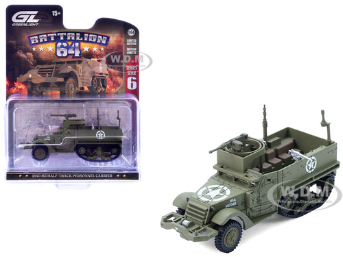 1940 M3 Half Track Personnel Carrier United States Army WWII Olive Drab Battalion 64 Series 6 1/64 Diecast Model Car Greenlight 61060E