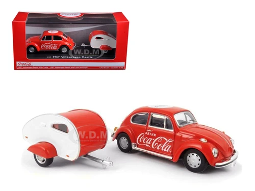 1967 Volkswagen Beetle Red Teardrop Travel Trailer Red White Coca-Cola 1/43 Diecast Model Car Motorcity Classics 440032