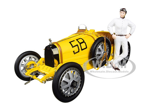 Bugatti T35 #58 Grand Prix Yellow Livery Female Racer Figurine Limited Edition 600 pieces Worldwide 1/18 Diecast Model Car CMC 100B017