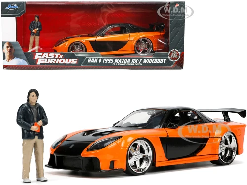 1995 Mazda RX-7 Widebody RHD Right Hand Drive Orange Metallic Black Han Diecast Figurine The Fast and the Furious Tokyo Drift 2006 Movie 1/24 Diecast Model Car Jada 33174