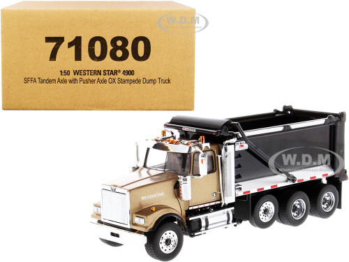 Western Star 4900 SFFA Tandem Pusher Axle OX Stampede Dump Truck Gold Black 1/50 Diecast Model Diecast Masters 71080
