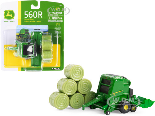John Deere 560R Round Baler Green Six Hay Bales 1/64 Diecast Model ERTL TOMY 45693