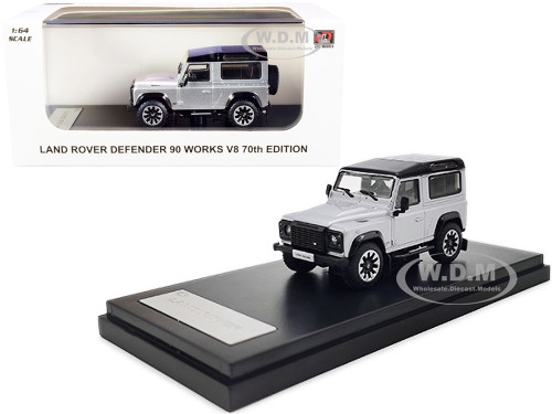 Land Rover Defender 90 Works V8 Silver Metallic Black Top 70th Edition 1/64 Diecast Model Car LCD Models LCD64016