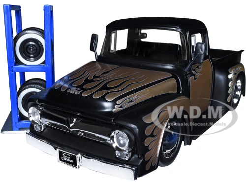 1956 Ford F-100 Pickup Truck Matt Black Champagne with Flames Extra Wheels Just Trucks Series 1/24 Diecast Model Car Jada 34026