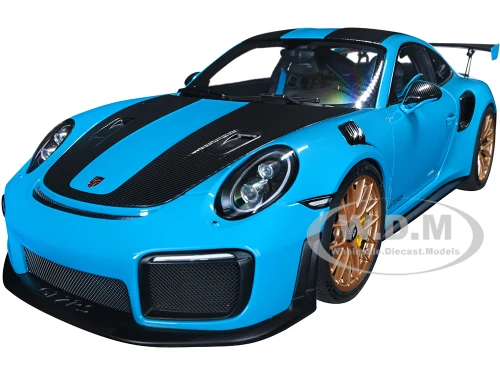 Porsche 911 991.2 GT2 RS Weissach Package Miami Blue Carbon Stripes 1/18 Model Car Autoart 78175