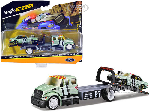 International DuraStar Flatbed Truck #17 and 1988 Ford Mustang LX #17 Light Green Metallic with Stripes and Graphics Elite Transport Series 1/64 Diecast Models Maisto 15055-22B