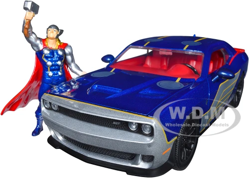 2015 Dodge Challenger SRT Hellcat Dark Blue Graphics Red Interior Thor Diecast Figure The Mighty Thor Marvel Series 1/24 Diecast Model Car Jada 32186