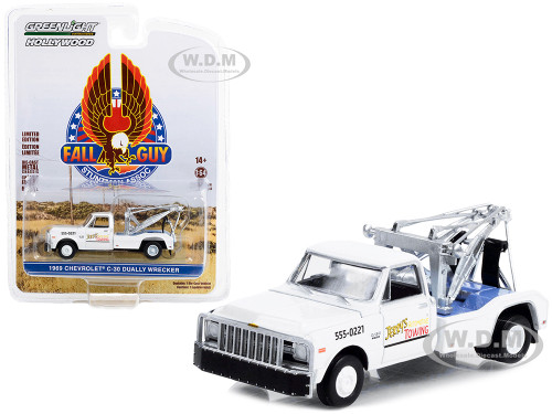 1969 Chevrolet C-30 Dually Wrecker Tow Truck White Jerry’s Towing Fall Guy Stuntman Association Hollywood Special Edition 1/64 Diecast Model Car Greenlight 44965B