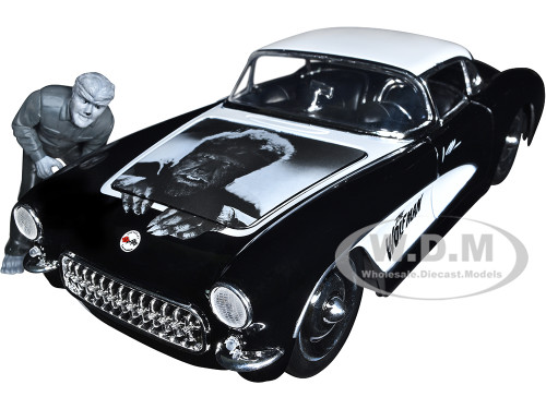 1957 Chevrolet Corvette Black White Top Wolfman Diecast Figure Universal Monsters Hollywood Rides Series 1/24 Diecast Model Car Jada 32195