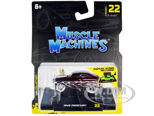 1949 Mercury Custom Coupe Dark Red Metallic Flames 1/64 Diecast Model Car Muscle Machines 15562