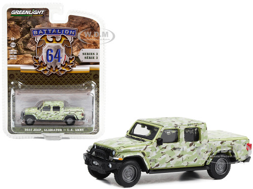  2022 Jeep Gladiator Pickup Truck U.S. Army Military Spec Camouflage Battalion 64 Series 3 1/64 Diecast Model Car Greenlight 61030F