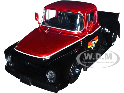 1956 Ford F 100 Pickup Truck Mickey Thompson Performance Tires & Wheels Black and Red Metallic Just Trucks Series 1/24 Diecast Model Car Jada 34306