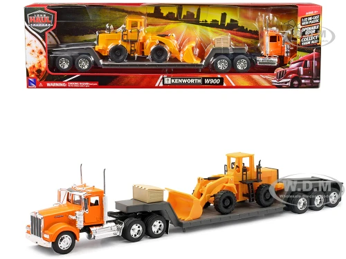 Kenworth W900 Truck with Lowboy Trailer Orange and Wheel Loader Yellow Long Haul Trucker Series 1/32 Diecast Model New Ray 10623