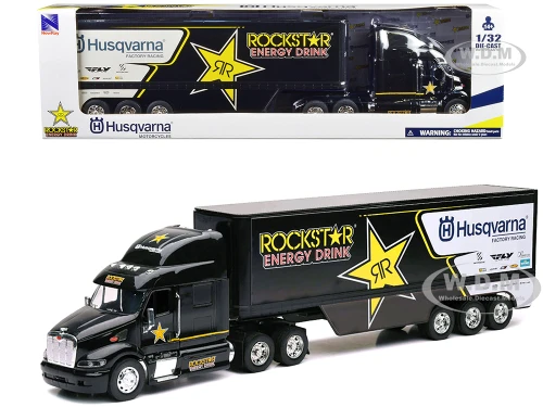 Peterbilt 387 Semi Truck Black Rockstar Energy Drink Husqvarna Factory Racing 1/32 Diecast Model New Ray 10963