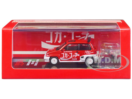 Honda City Turbo II RHD Right Hand Drive Red and White Coca Cola with Honda Motocompo Scooter 1/64 Diecast Model Car Inno Models COKE058