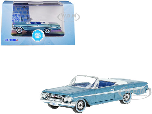1961 Chevrolet Impala Convertible Jewel Blue Metallic and White with Blue Interior 1/87 HO Scale Diecast Model Car Oxford Diecast 87CI61006