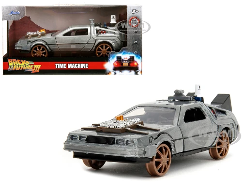 DeLorean DMC Time Machine Brushed Metal Train Wheel Version Back to the Future Part III 1990 Movie Hollywood Rides Series 1/32 Diecast Model Car Jada 34786