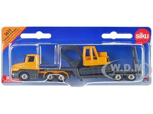 Truck with Low Loader Trailer and Excavator Yellow Diecast Model