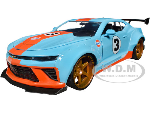 2016 Chevrolet Camaro Widebody #3 Light Blue with Orange Stripes Gulf Oil Wide Body Series 1/24 Diecast Model Car Jada 35209