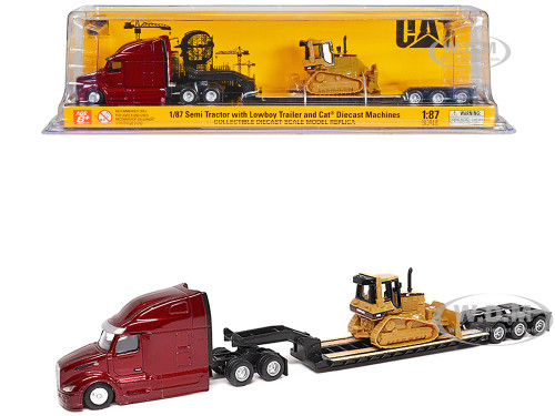 Peterbilt 579 UltraLoft Tandem Tractor Red Metallic with Lowboy Trailer and CAT D5M Dozer Yellow 1/87 (HO) Diecast Model  Diecast Masters 84419