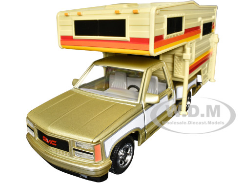1992 GMC Sierra GT Pickup Truck Gold Metallic with White Sides with Camper Shell American Classics Series 1/24 Diecast Model Car Motormax 75330-73204GLD