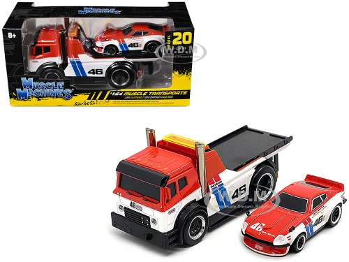JDM Flatbed Truck #46 Red and White with Blue Stripes and 1972 Datsun 240Z #46 Red and White with Blue Stripes BRE Muscle Transports Series 1/64 Diecast Models Muscle Machines 11553WH