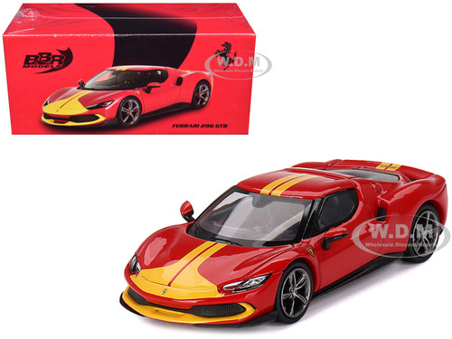 Ferrari 296 GTB Assetto Fiorano Rosso Corsa Red with Yellow Stripes 1/64 Diecast Model Car BBR BBRFER64002