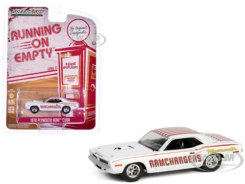 1970 Plymouth Hemi Barracuda Ramchargers White with Red Stripes Running on Empty Series 17 1/64 Diecast Model Car Greenlight 41170D