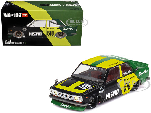 Datsun Street 510 Racing V2 Black and Green with Yellow Accents Designed by Jun Imai Kaido House Special 1/64 Diecast Model Car Mini GT KHMG131