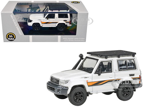 2023 Toyota Land Cruiser 71 White 70th Anniversary with Stripes and Roofrack 1/64 Diecast Model Car Paragon Models PA-55567