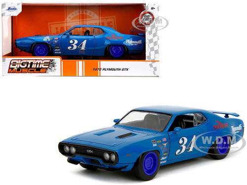 1972 Plymouth GTX #34 Blue with Graphics Bigtime Muscle Series 1/24 Diecast Model Car Jada 35218