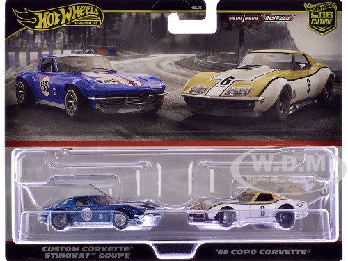 Chevrolet Custom Corvette Stingray Coupe #65 Blue Metallic with White Stripes and 1969 Chevrolet COPO Corvette #6 Gold Metallic and White Car Culture Set of 2 Cars Diecast Model Cars Hot Wheels HRR80-956N