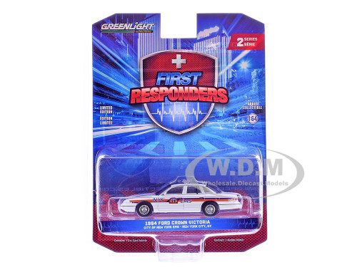1994 Ford Crown Victoria NYC EMS City of New York Emergency Medical Service White with Blue and Red Stripes First Responders Series 2 1/64 Diecast Model Car Greenlight 67060C