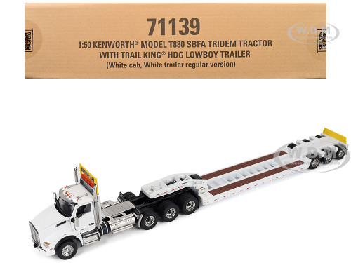 Kenworth T880 SBFA Tridem Truck with Trail King HDG Lowboy Trailer White Transport Series 1/50 Diecast Model Diecast Masters 71139