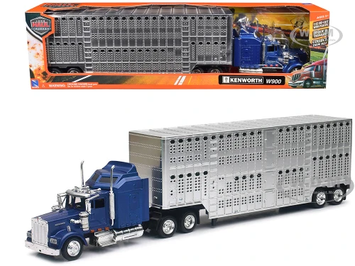 Kenworth W900 Truck Blue with Potbelly Livestock Trailer Chrome Long Haul Truckers Series 1/43 Diecast Model New Ray 15243B