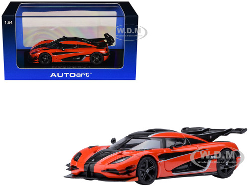 Koenigsegg One 1 Lava Orange with Carbon and Silver Stripes 1/64 Diecast Model Car Autoart 20044