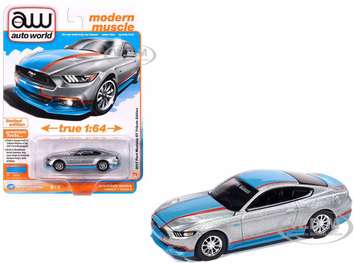 2017 Ford Mustang GT Tribute Edition Petty s Garage Ingot Silver Metallic with Petty Blue and Red Stripes Modern Muscle Series 1/64 Diecast Model Car Auto World 64452-AWSP178A