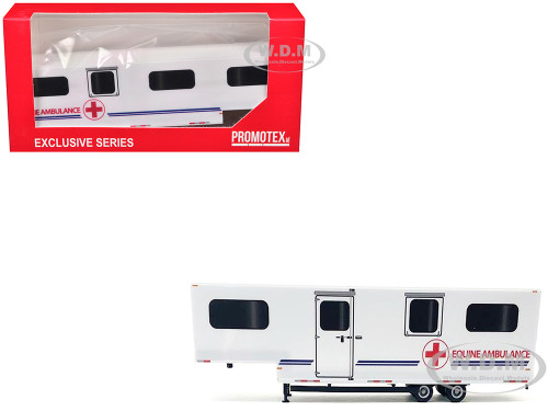 Equine Ambulance Trailer White with Blue Stripes 1/87 (HO) Plastic Model Promotex 005536W