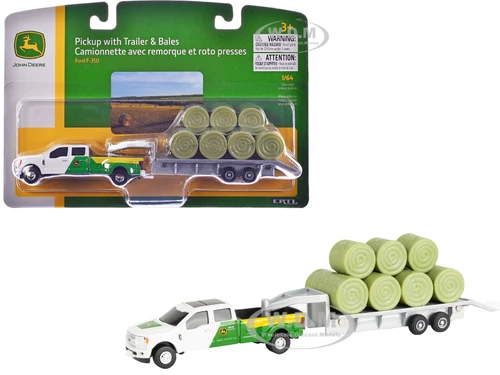 Ford F-350 Pickup Truck John Deere White Green Flatbed Trailer Bales 1/64 Diecast Model ERTL TOMY 45927