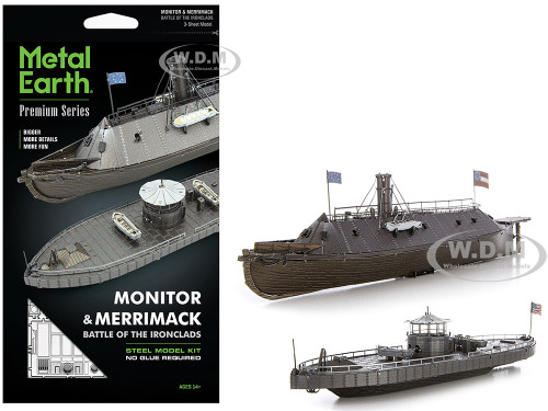 Model Kit USS Monitor and USS Merrimack Ironclad Warships Battle of the Ironclads Challenging Difficulty Steel Model by Metal Earth ICX231